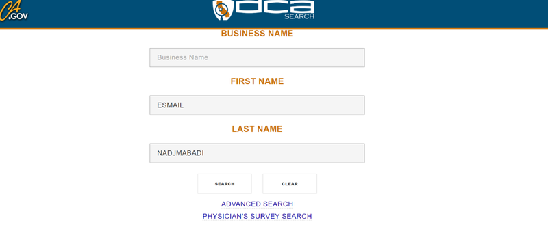 A screengrab from the Medical Board of California
